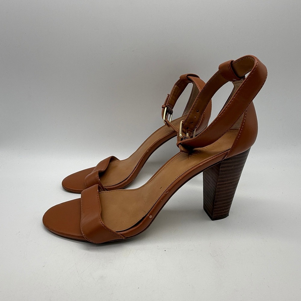 J Crew Leather Heeled Sandals Women 8.5 Cognac Brown Ankle Strap Block Heel